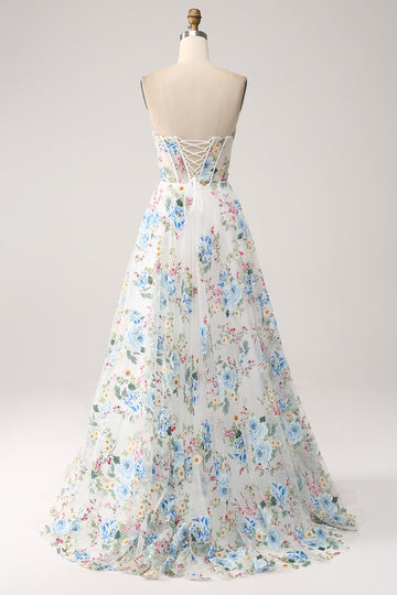 Ivory Flower A-Line Strapless Long Corset Ball Dress